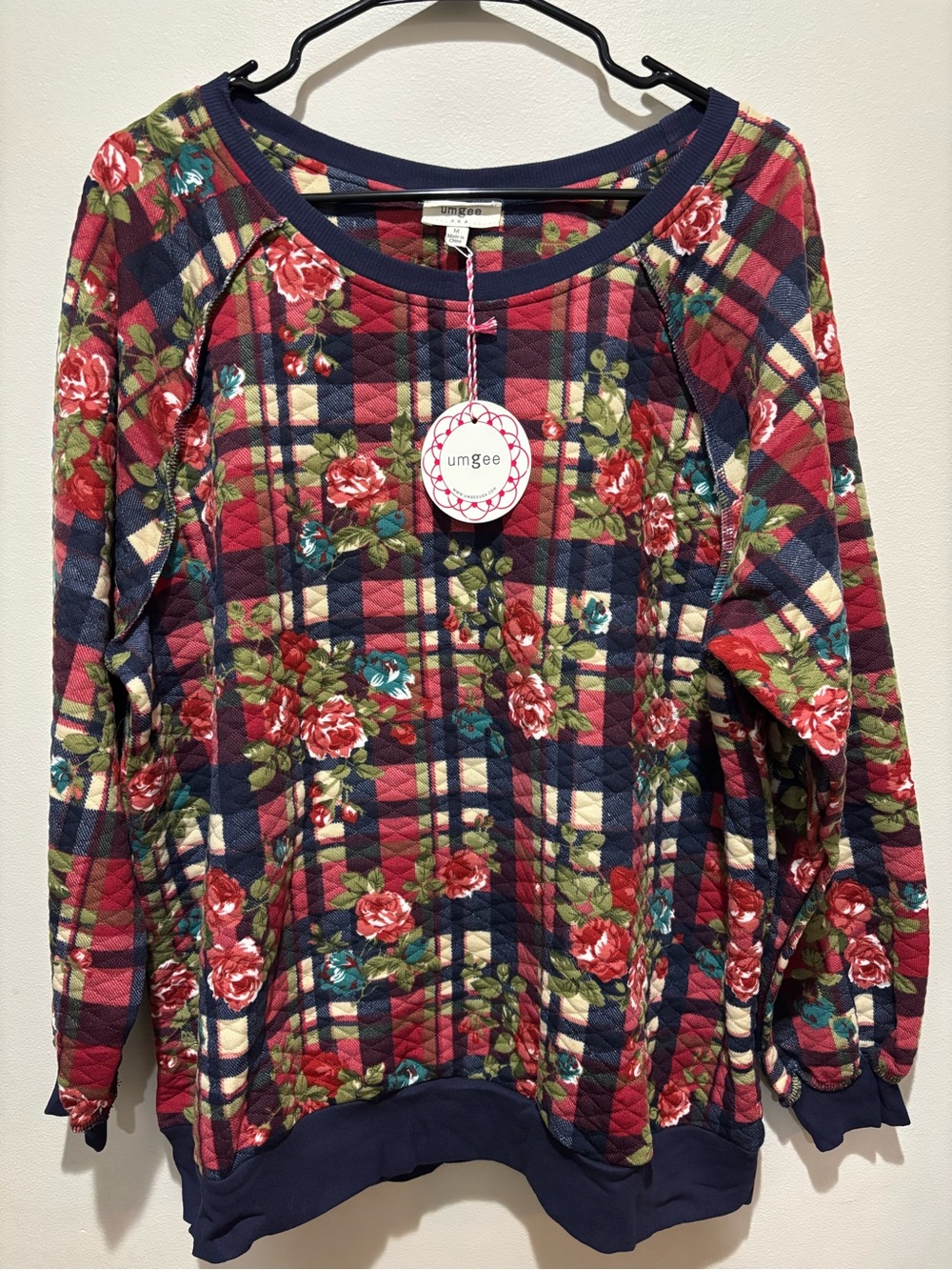 Umgee Quilted Plaid Rose Floral Sweatshirt Fall Cottagecore Botanical Garden NWT